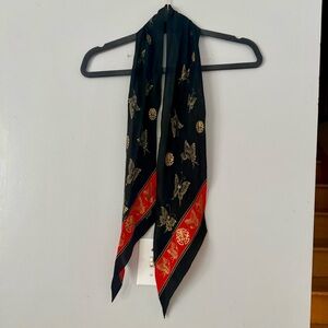 Vintage ECHO 100% Silk Scarf - Black Gold Red Butterfly Asian Chinoiserie 60"